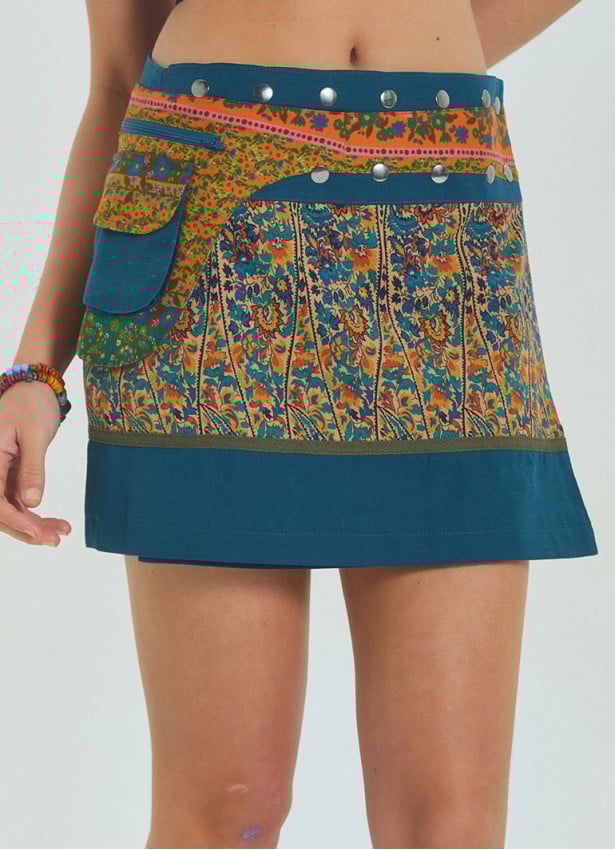 Snap Closure Pocket Patchwork Wrapped Petrol Floral Skirt 4687
